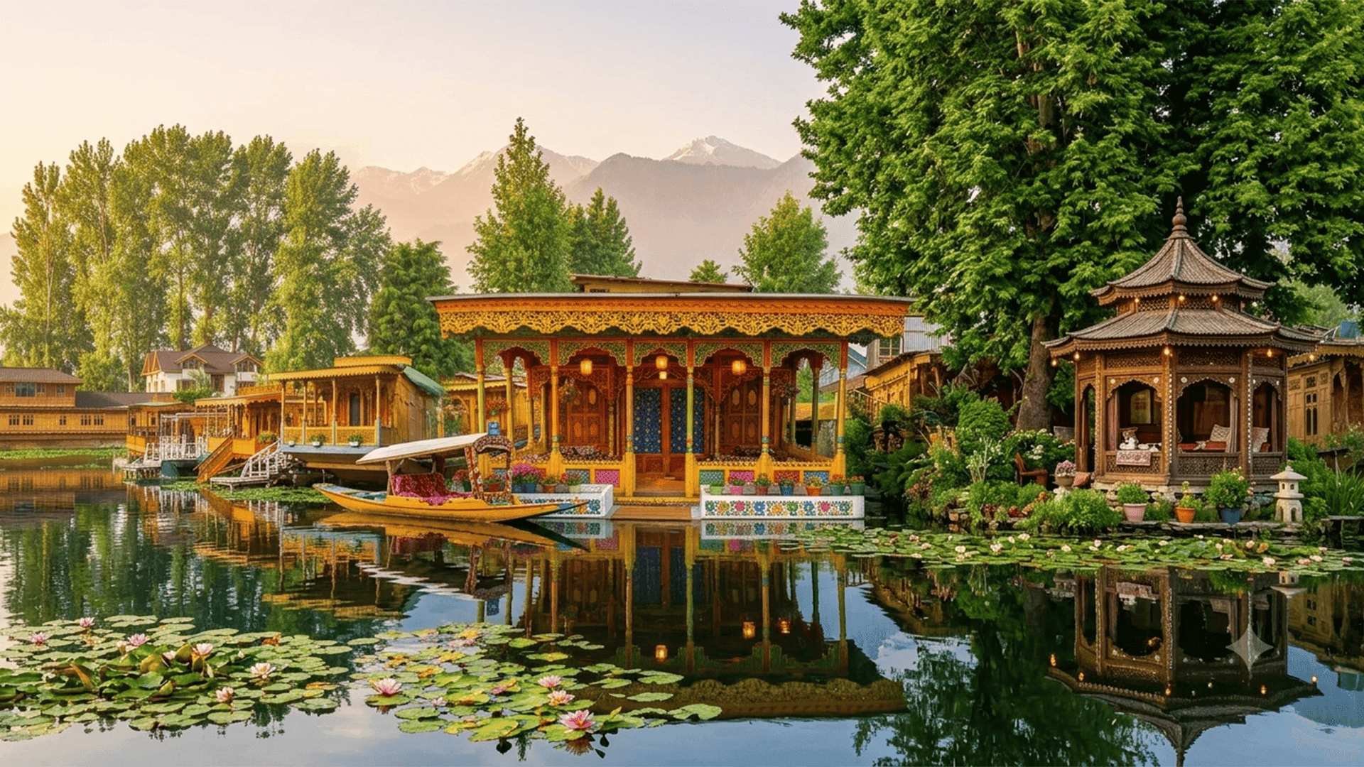Nigeen at golden hour with houseboats